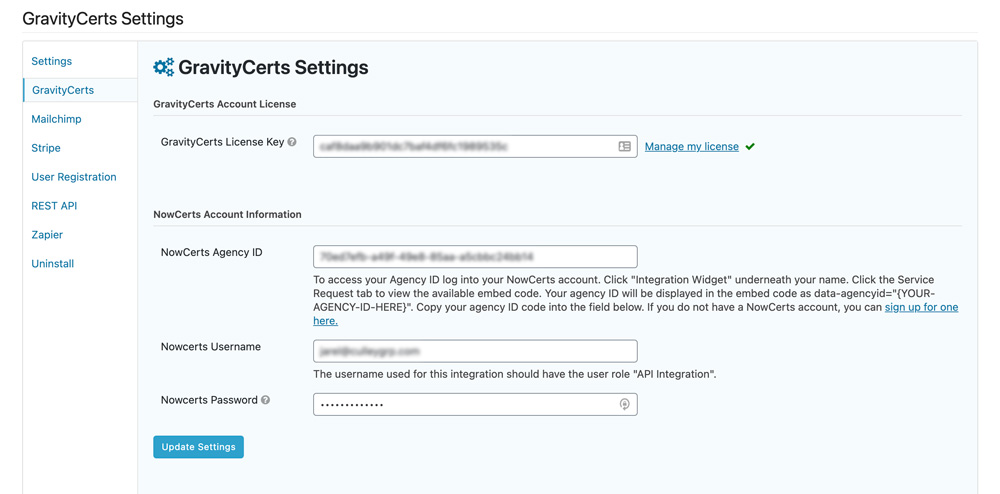 GravityCerts Plugin Settings Admin Page