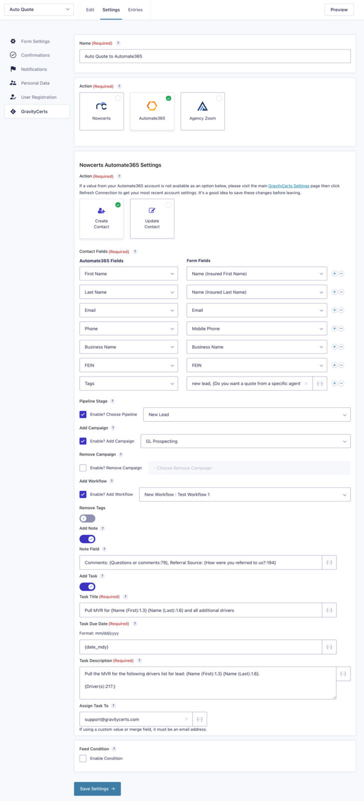 GravityCerts Automate365 Form Feed Settings Options