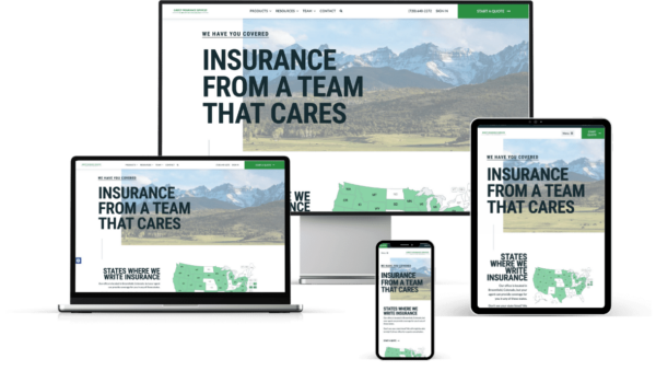 Screenshots of insurance agency website on large computer, laptop, tablet, and phone