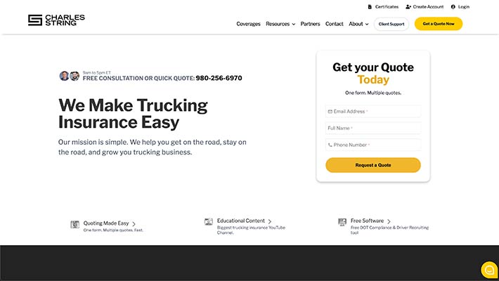 Charlesstring insurance website generating large volumes of new leads and bindable business using GravityCerts website and API integration. Charles String trucking insurance agency grows to $5 million in premium after 1 year with GravityCerts