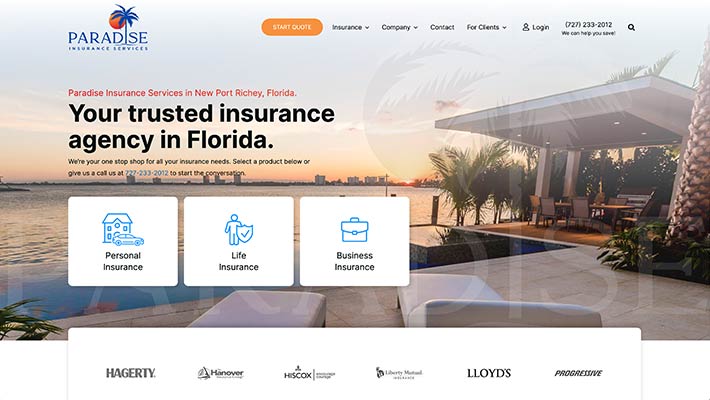 Screenshot of insurance agency website created by GravityCerts