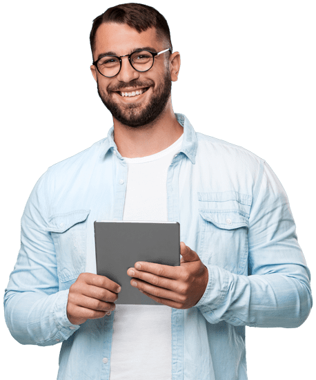 Man with tablet looking at insurance policy Happy family moving into new house with insurance from LaPota Insurance Solutions