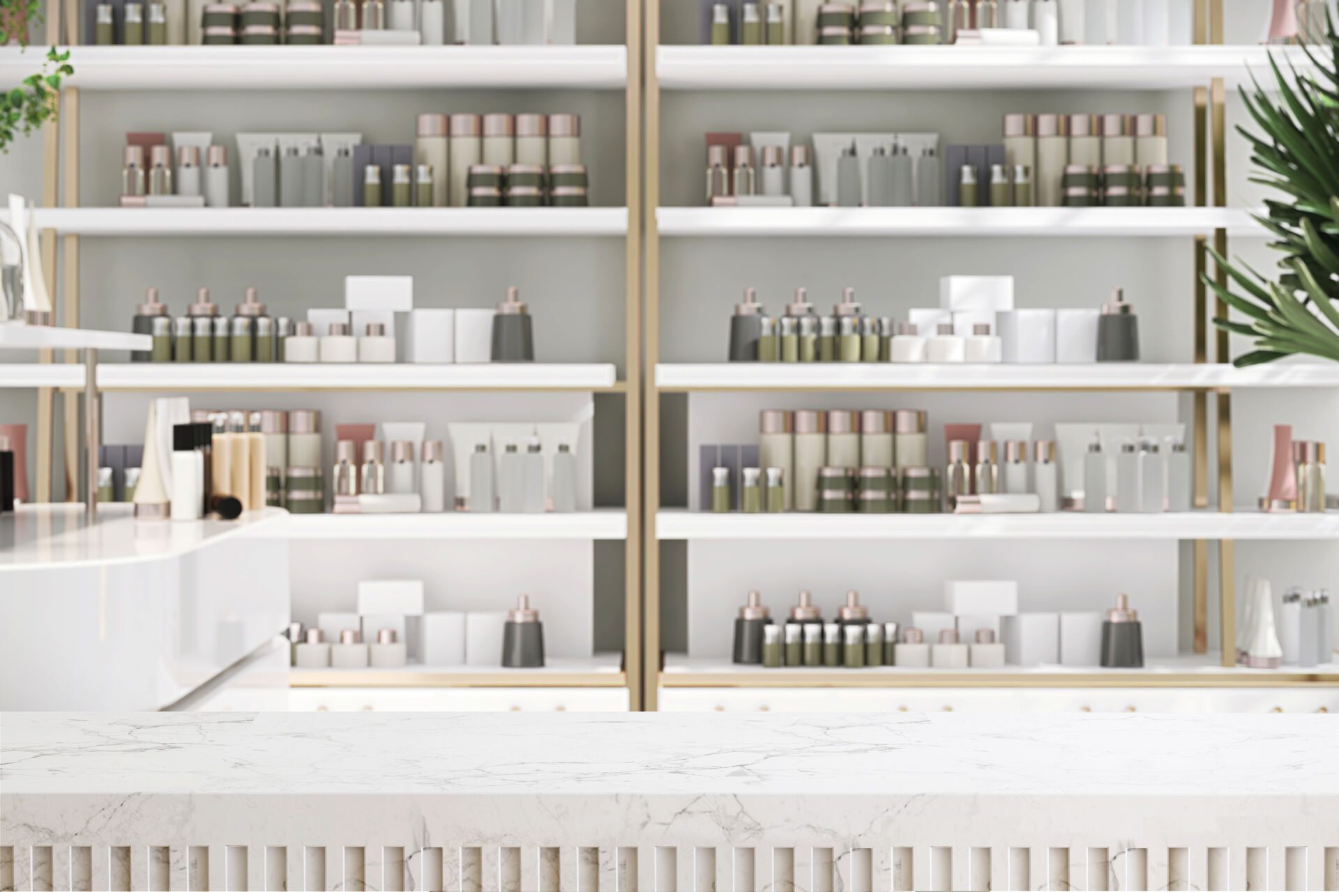 Modern and minimal white marble table top or countertop in beauty and cosmetic shop with shelf full of variety of luxury cream, treatment, oil, skincare, personal care product display Insurance for Cosmetic Stores