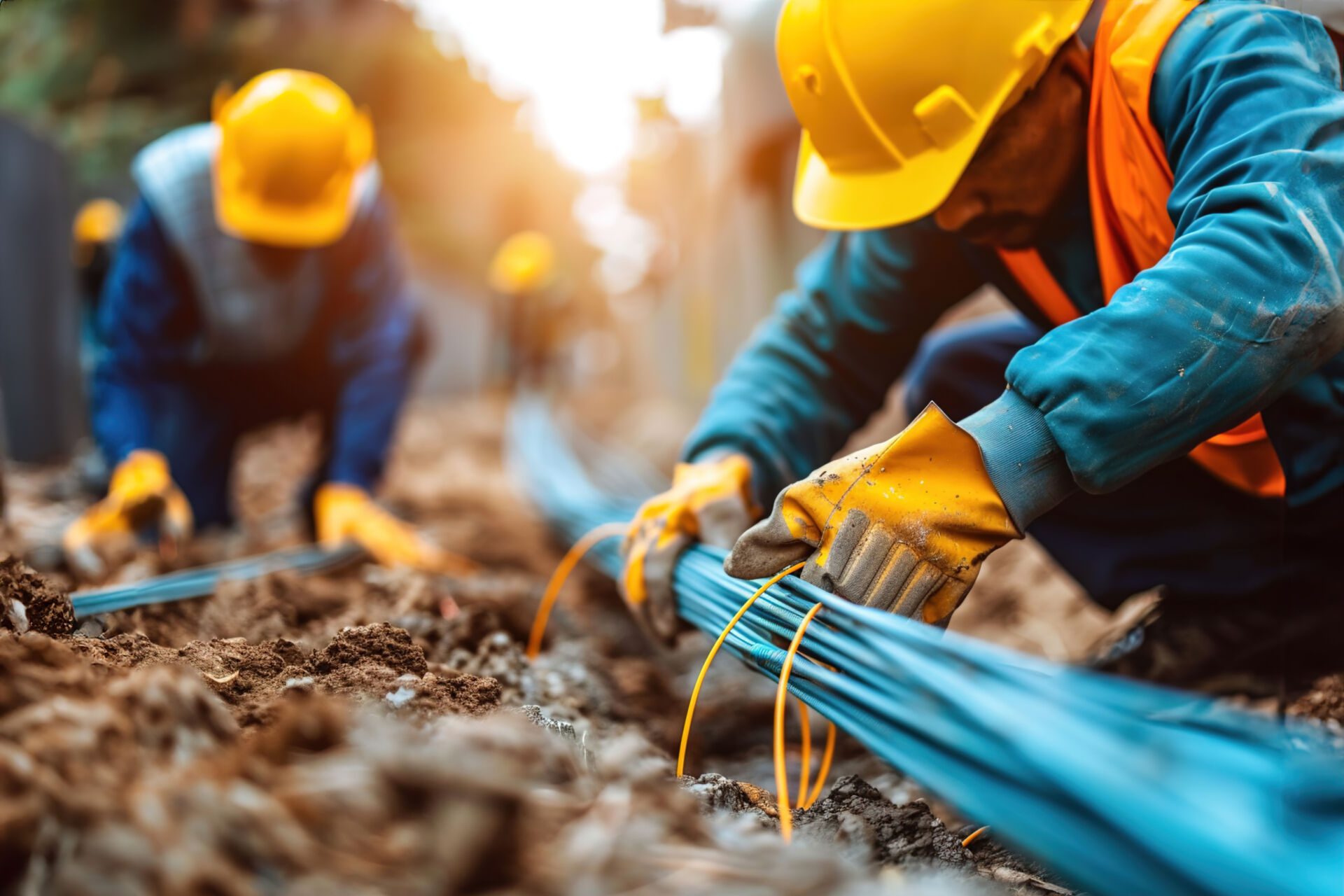 Telecommunication engineers in hard hats installing fiber optic cables underground, enhancing high-speed internet connectivity for urban areas Insurance for Telecommunications Businesses