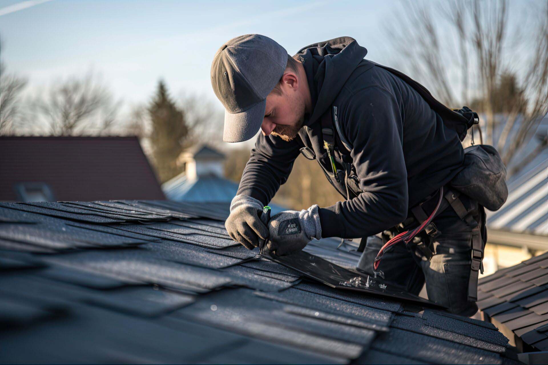 Roofing Construction: Professional Roofer Installing Asphalt Shingles for Roof Repair and Home Improvement. Generative AI Insurance for Roofers