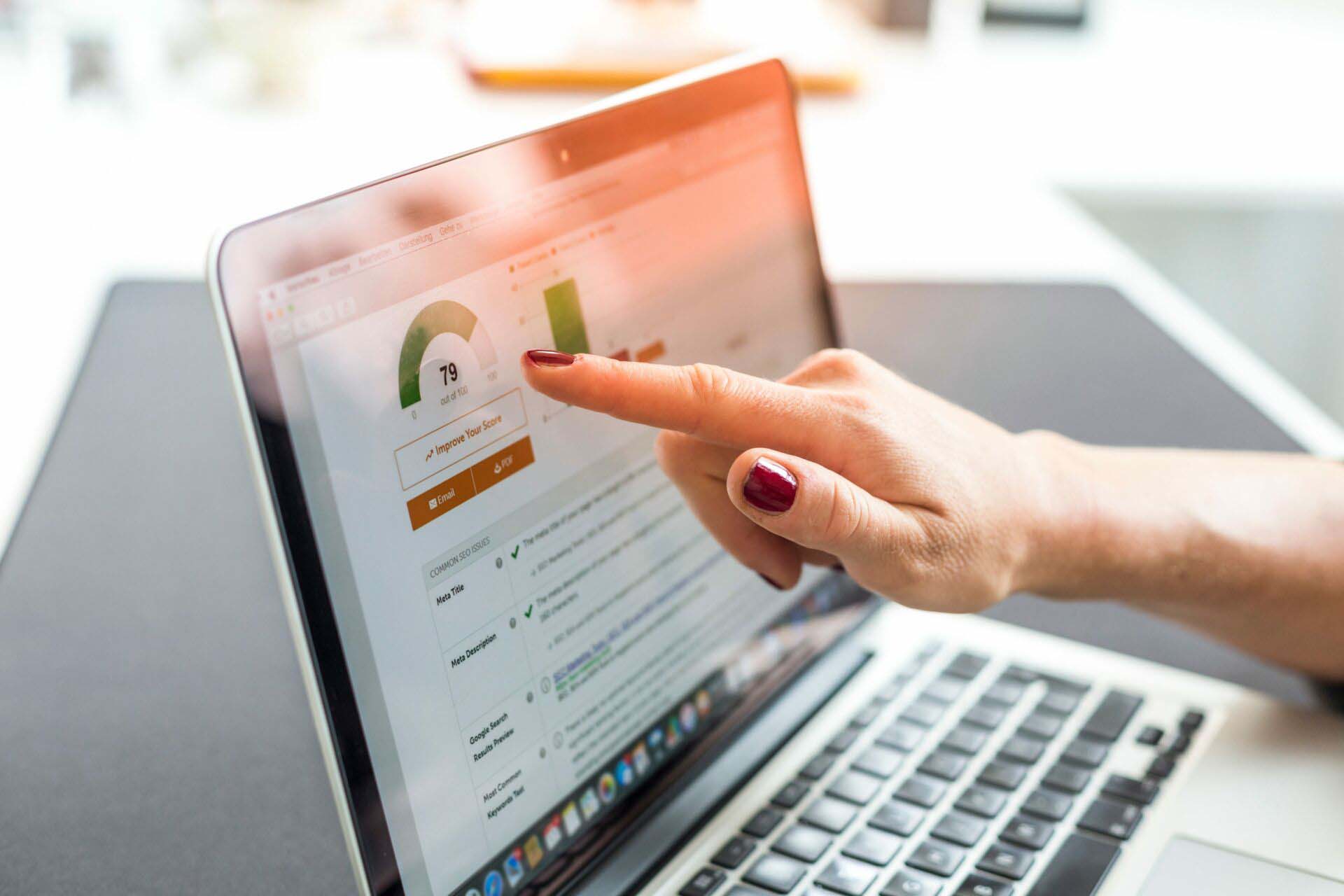 Accounting on a laptop, close-up of screen with hand Insurance for SEO Consultants
