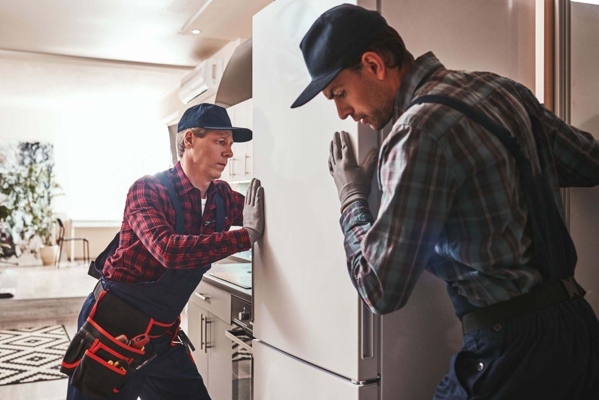 Easy to solve. Young men mechanics checking refrigerator Insurance for Appliance Installers