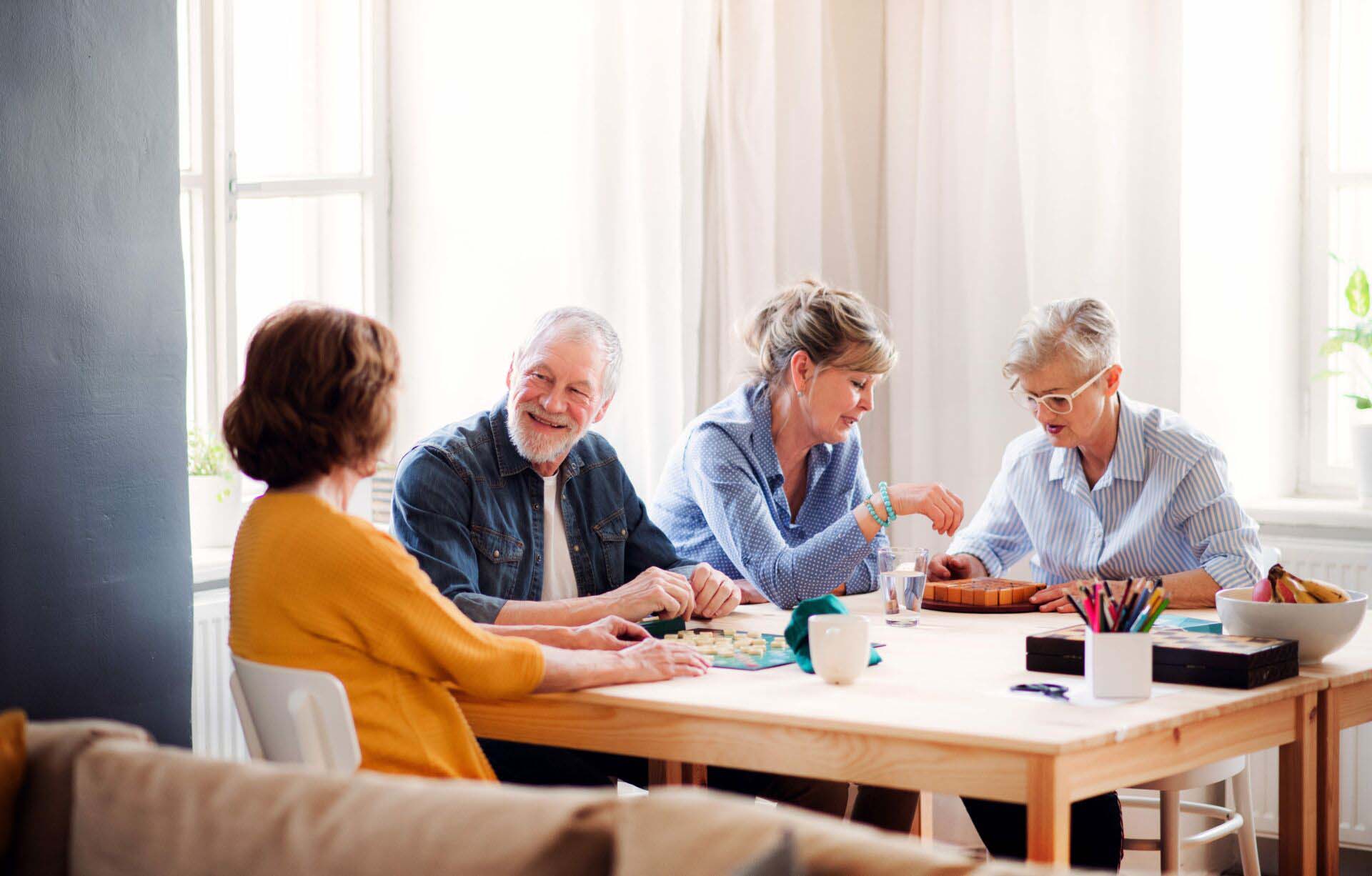 Group of senior people playing board games in community center club. Insurance for Nursing Homes