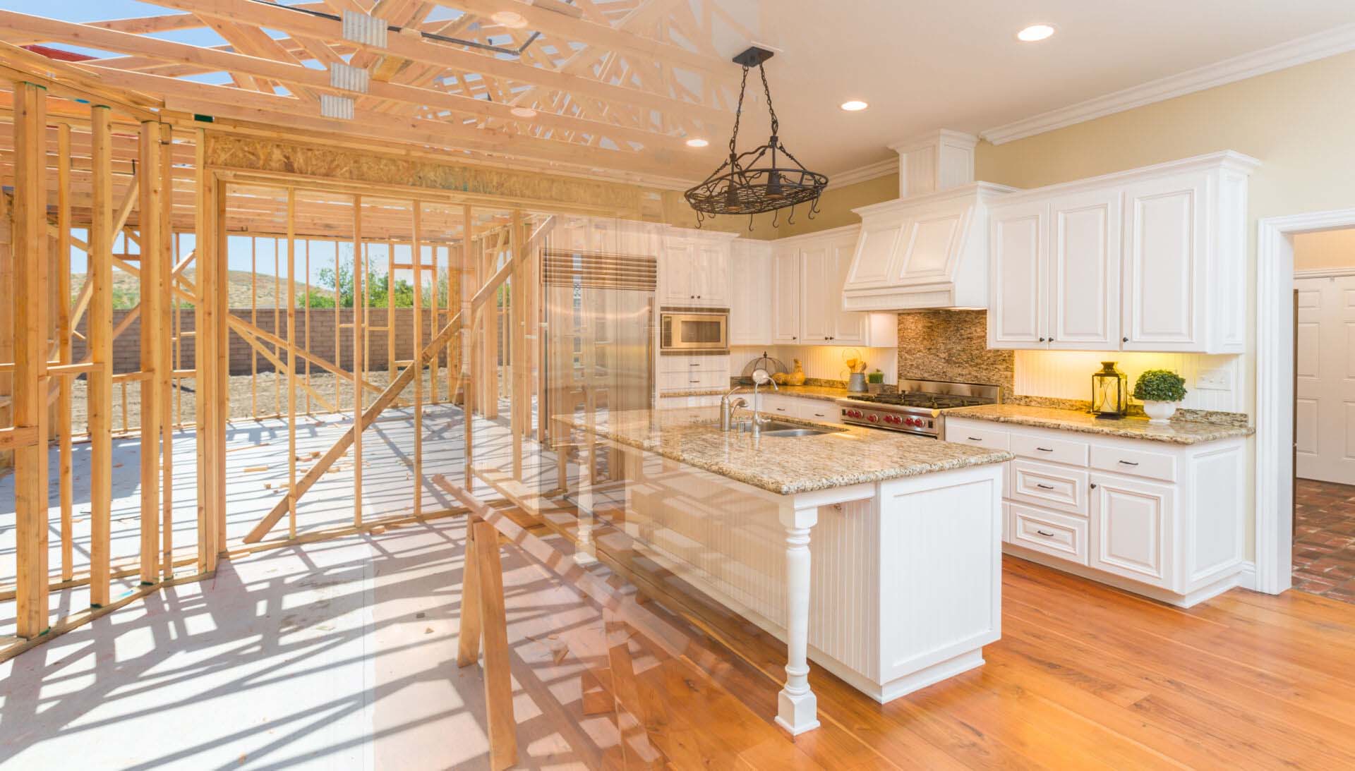 House Construction Framing Gradating Into Finished Kitchen Build. Insurance for Home Renovation and Remodeling