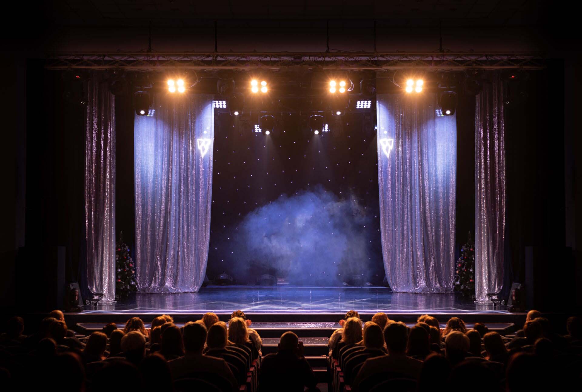 scene, stage light with colored spotlights and smoke Insurance for Theater Companies