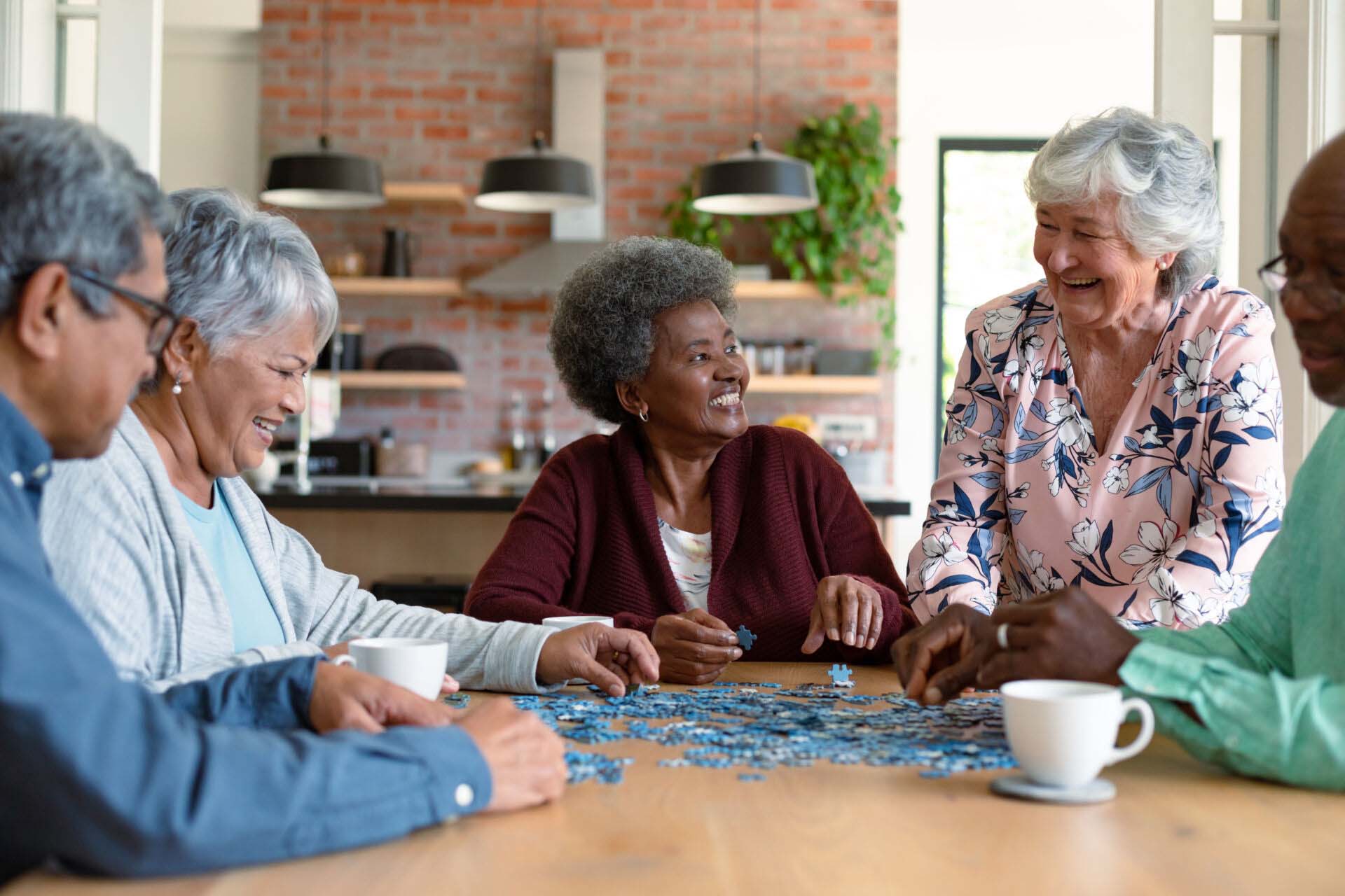 Group of diverse senior male and female friends doing puzzles at Insurance for Group Homes
