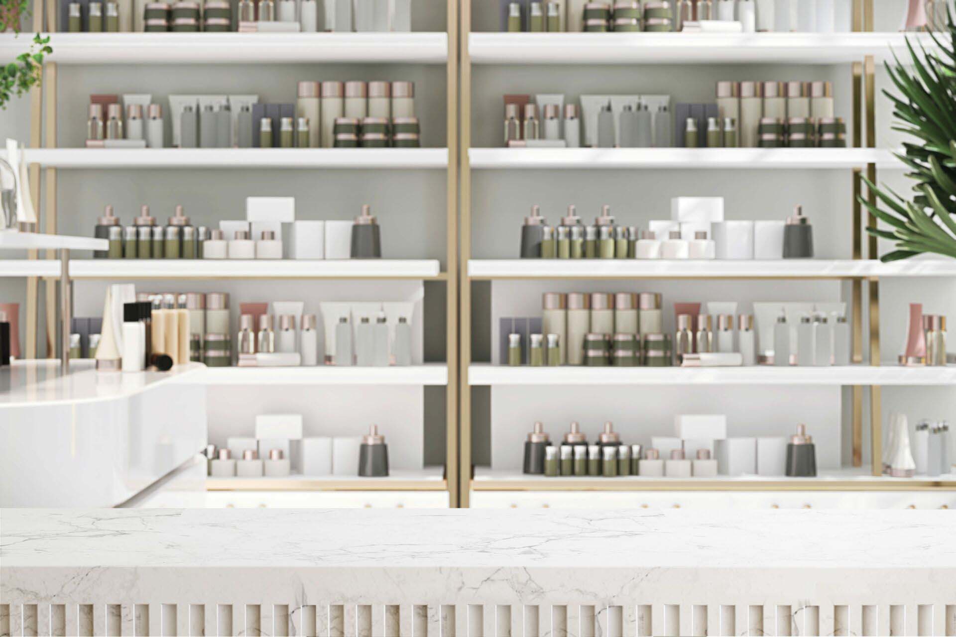 Modern and minimal white marble table top or countertop in beauty and cosmetic shop with shelf full of variety of luxury cream, treatment, oil, skincare, personal care product display Insurance for Cosmetic Stores