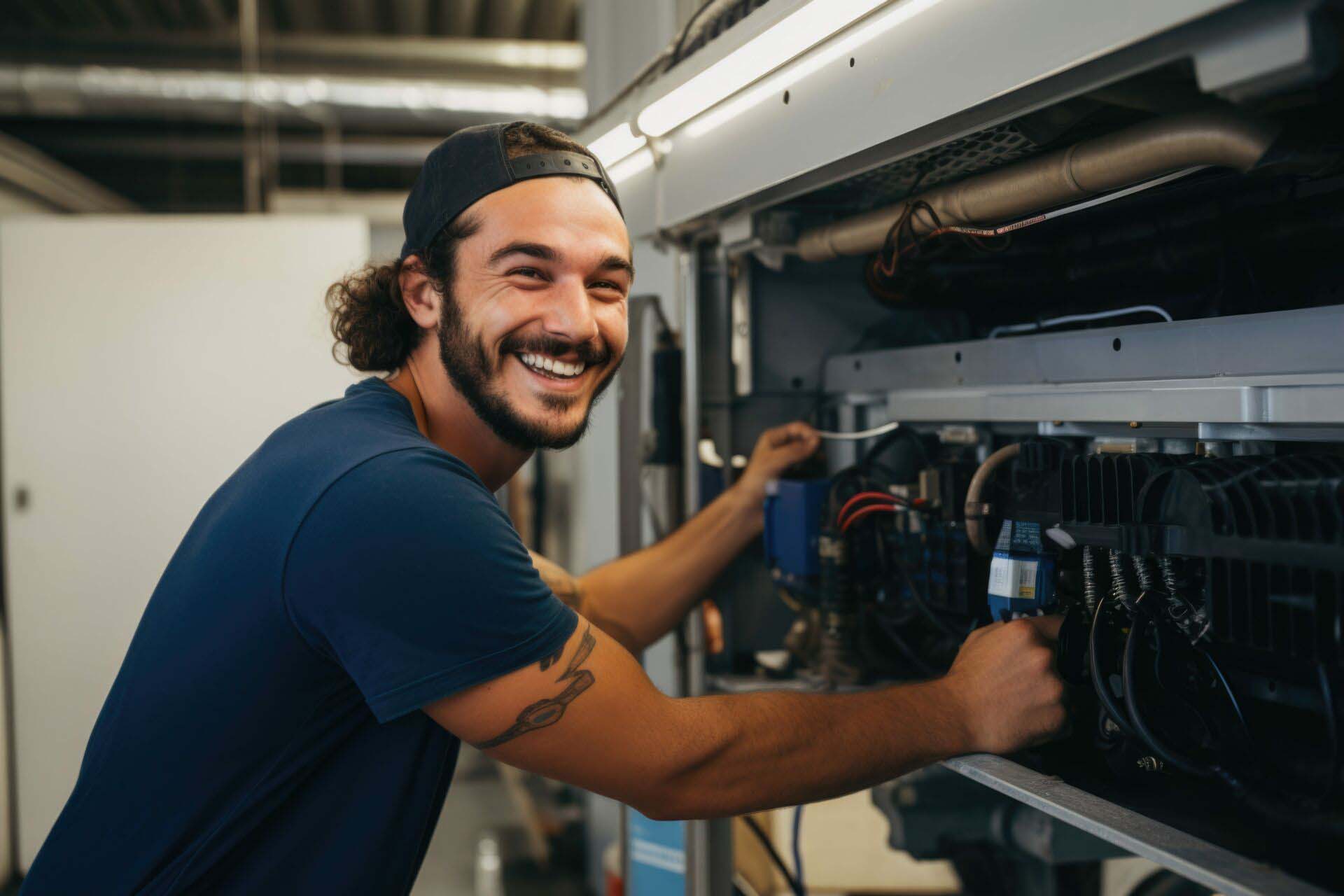 Portrait of a young male technician working on air control unit Insurance for HVAC Installation Contractors