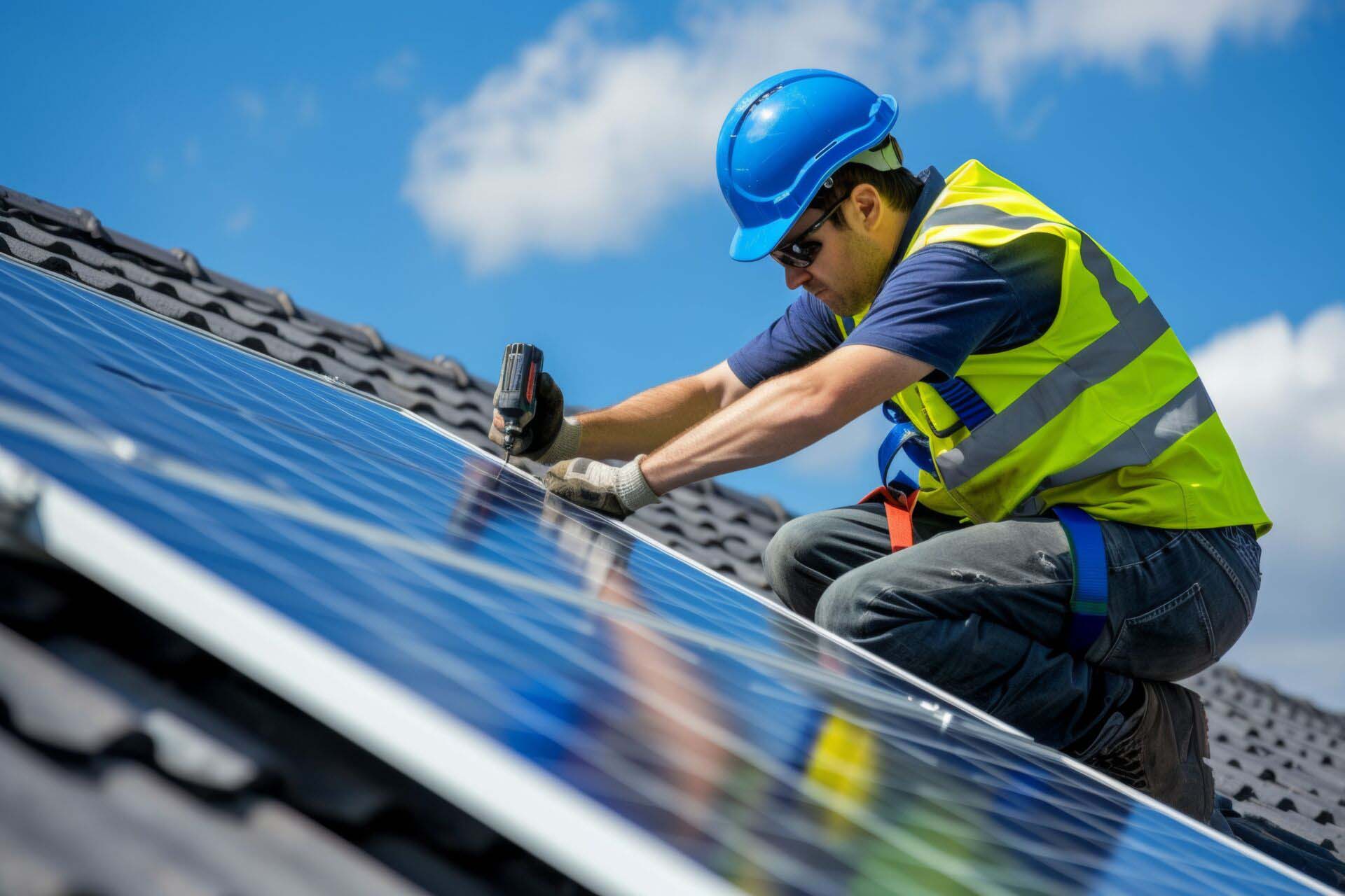 Solar panel technician with drill installing solar panels on house roof on a sunny day. Insurance for Solar Panel Installation Contractors