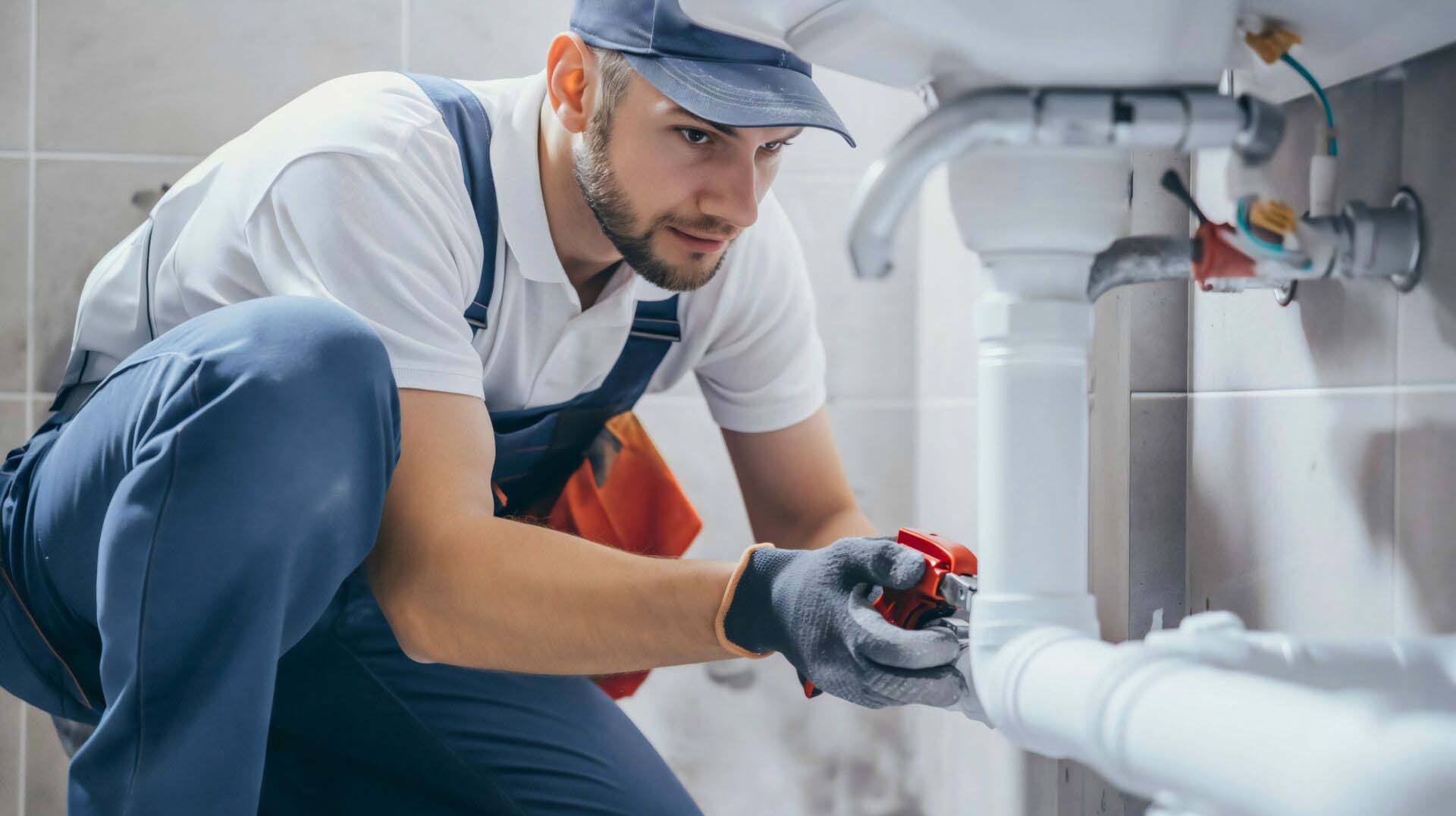 Young handsome plumber wearing a working uniform and a cap, kneeling down in the bathroom to fix or repair the white pipes under the sink. Home service or maintenance, professional handyman job Insurance for Plumbers
