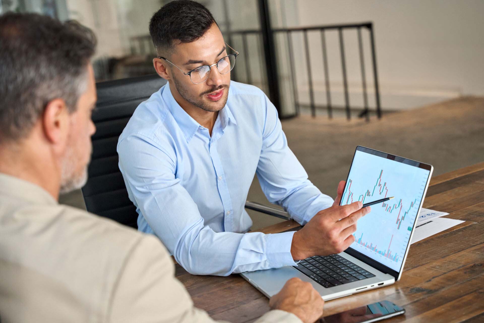 Financial advisor explaining invest stock market data consulting investor. Insurance for Data Analysts