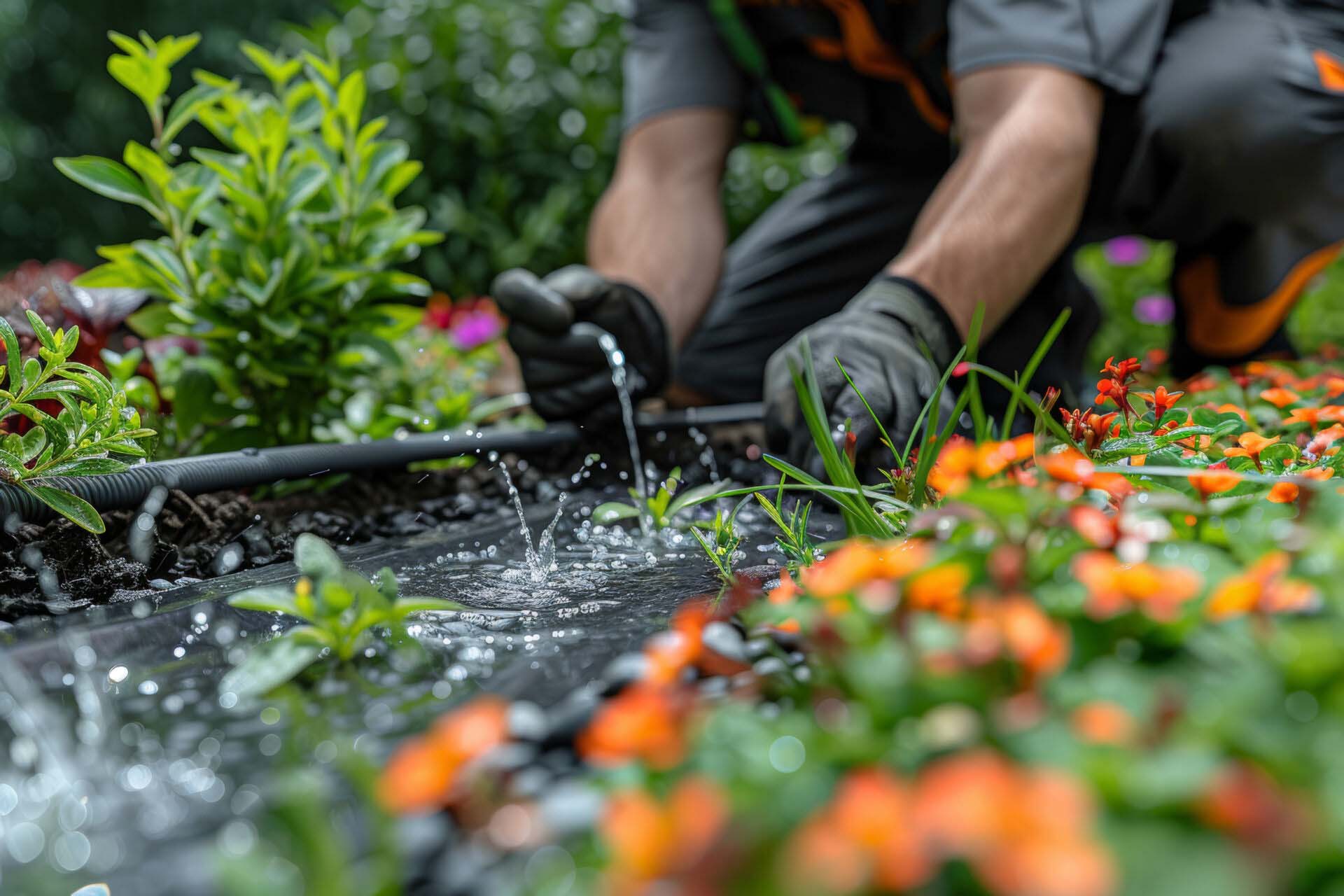 A homeowner checking and repairing the irrigation system to ensure efficient water distribution in the garden. Concept of irrigation maintenance. Generative Ai. Insurance for Irrigation Professionals