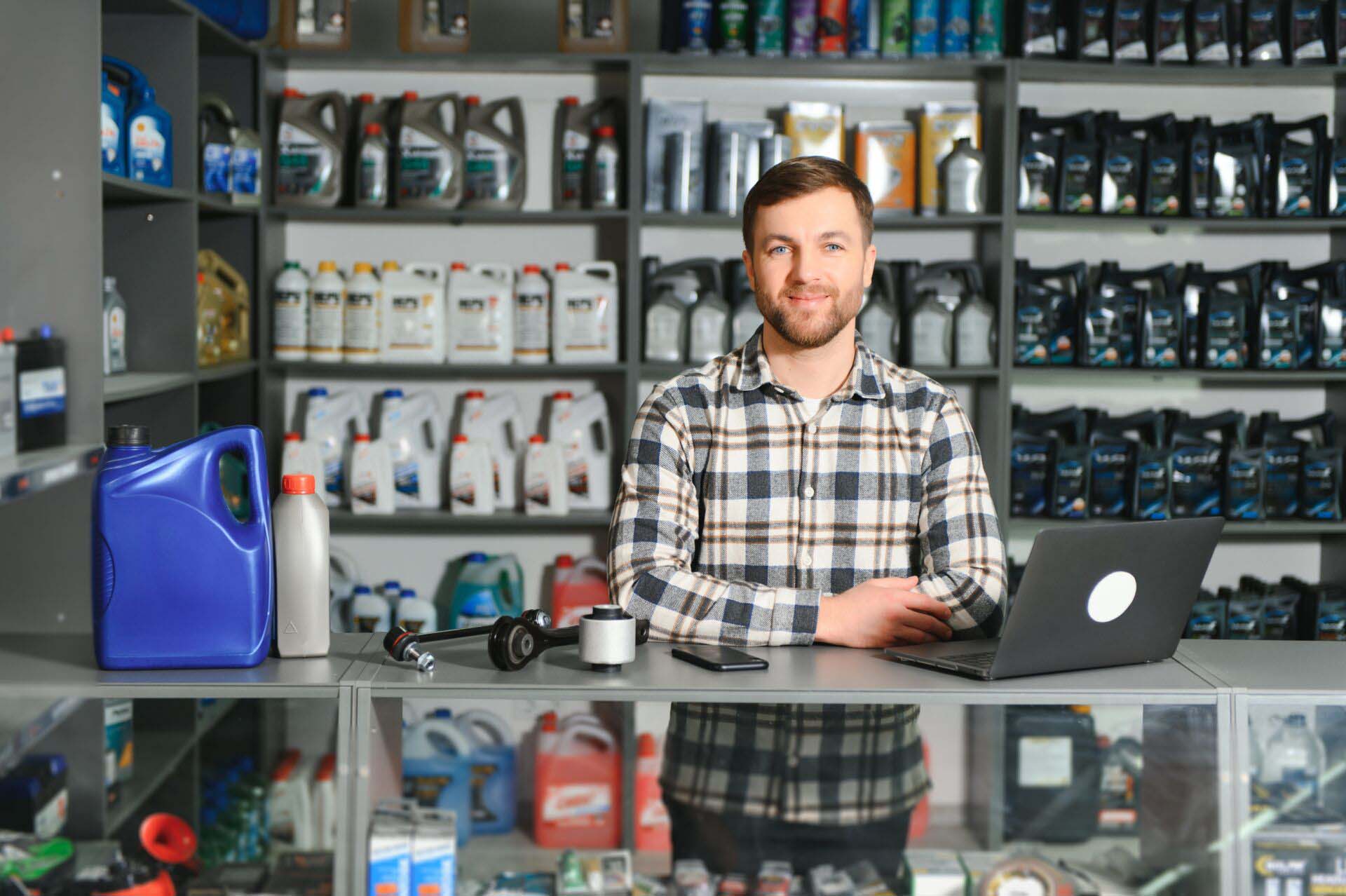 Portrait of a handsome salesman in an auto parts store. The concept of car repair Insurance for Convenience Stores