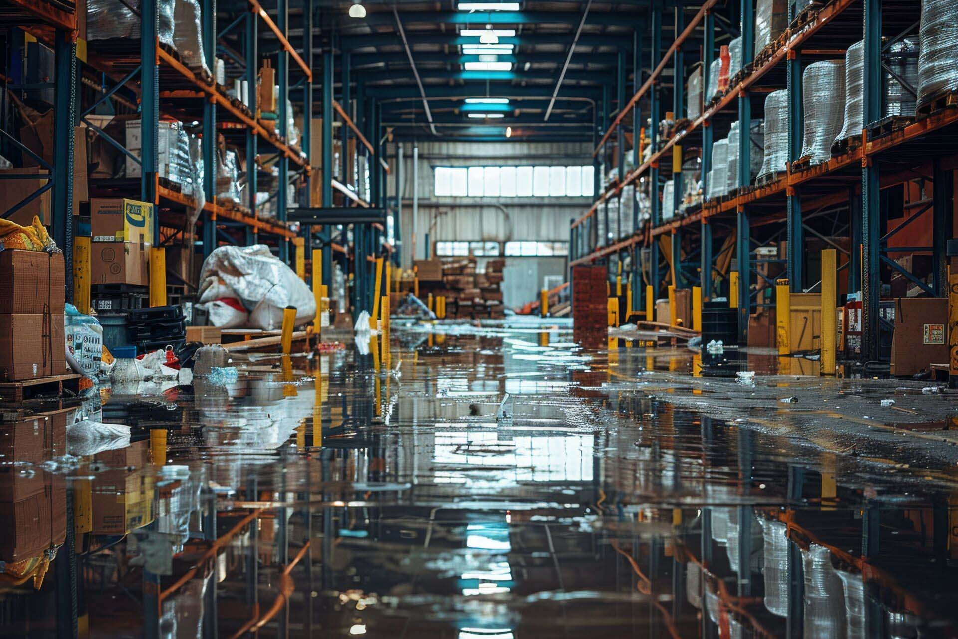 A thought-provoking image of a flooded warehouse, the water’s reflection adds depth to the concept of disruption and resilience in business Commercial Umbrella Insurance