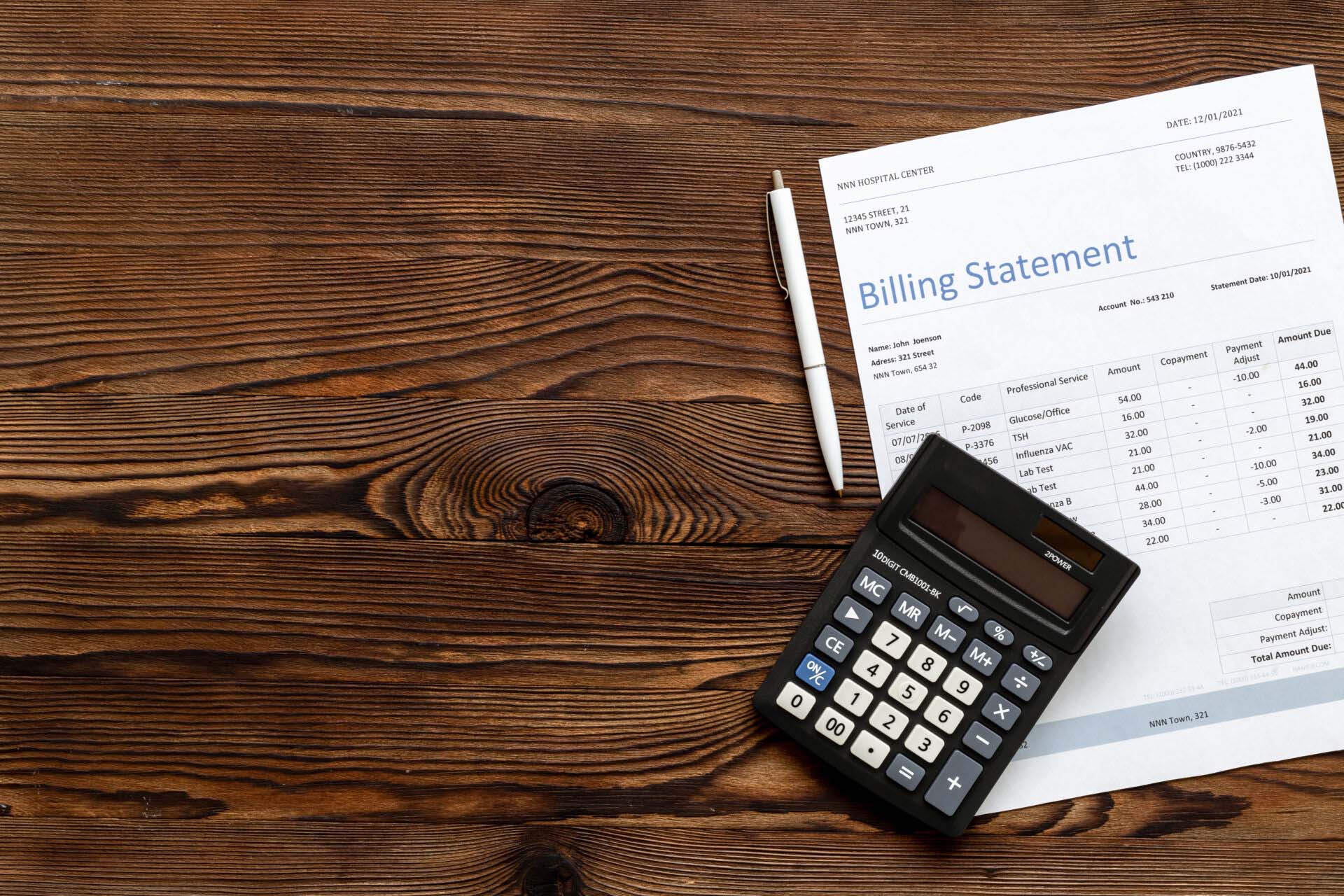 Payment for medical services. Medical health care billing statement in hospital, top view Insurance for Medical Billing Services