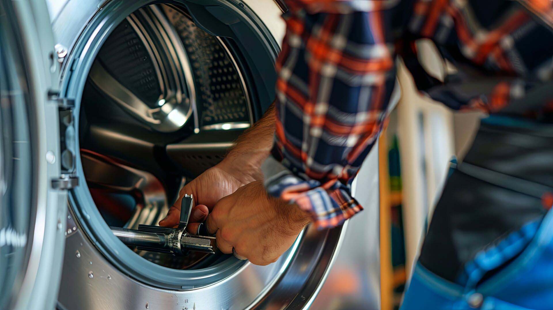 A person in a plaid shirt repairs a washing machine, focusing on the interior drum, highlighting a hands-on maintenance task Equipment Breakdown Insurance