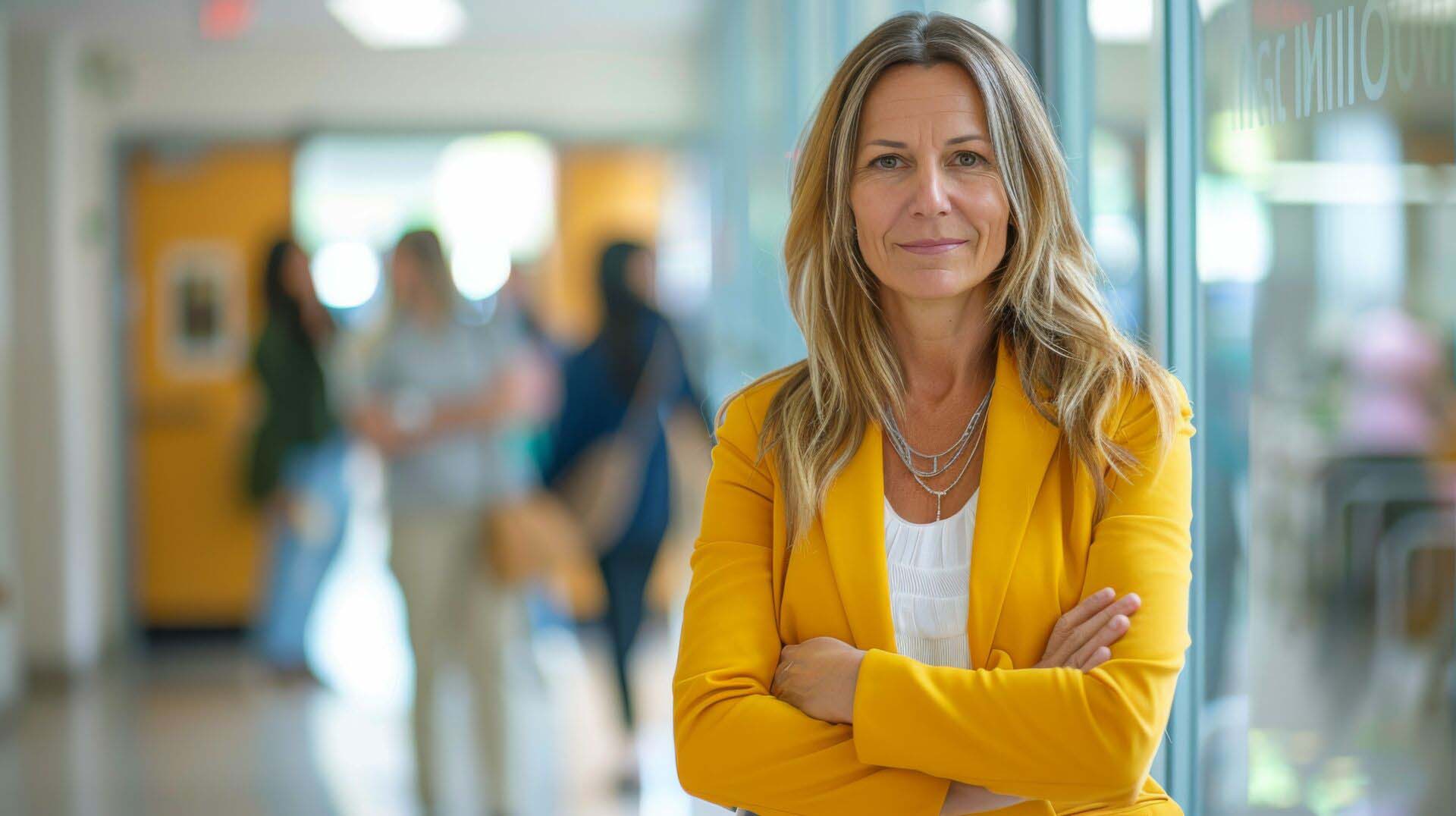 Confident Female Teacher Standing in School Hallway with Students in Background Insurance for Education Consultants