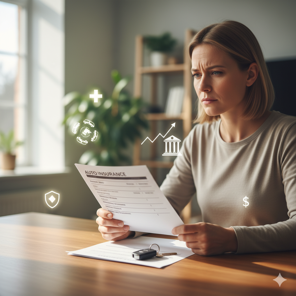 Auto insurance rates explained as a person reviews a policy, weighing medical, legal, and shared risk pool costs.