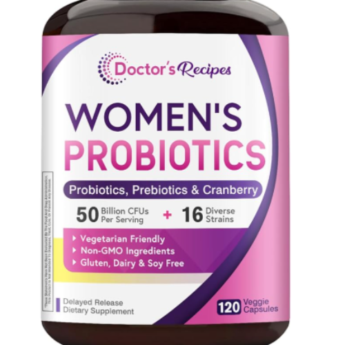 Doctors Recipes Probiótico para mujer, 120 cápsulas 50 mil millones de UFC, 16 cepas, con arándano orgánico, estable en el almacenamiento, liberación retardada, sin lácteos de gluten de soja