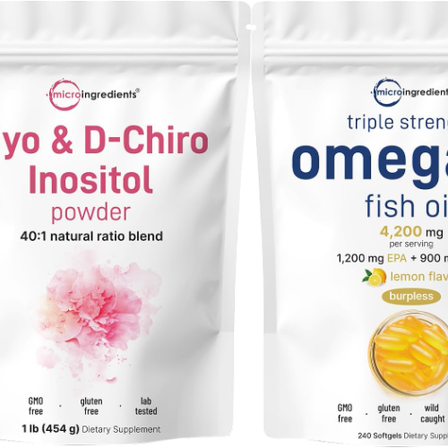 Micro Ingredients Aceite de pescado Omega-3 4,200 mg cápsulas blandas y polvo de inositol Myo y D-Chiro, paquete de 2 unidades 
