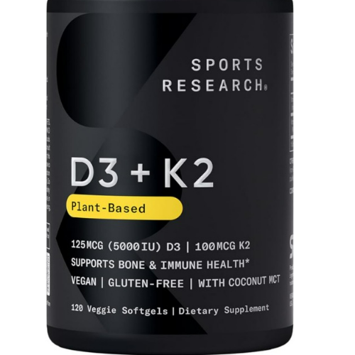 Sports Research Vitamin D3 with K2 Softgels - Plant Based K2 & Vegan D3 5000iu with Coconut MCT Oil - Vegan Certified, Soy & Gluten Free - 120 Count