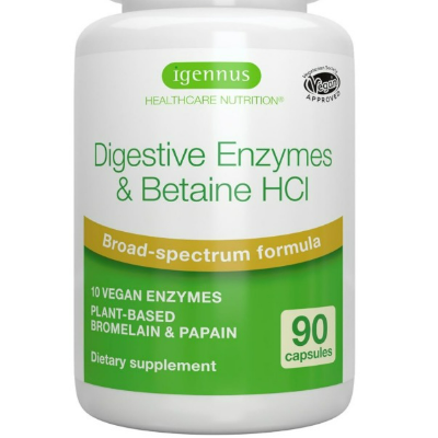 Igennus Fast Action Digestive Enzymes & Betaine HCl, 10 Broad Spectrum Enzymes with Protease, Lipase & Lactase, Papain & Bromelain, Plant-Based Vegan, Clean Label, for Women and Men, 90 Capsules