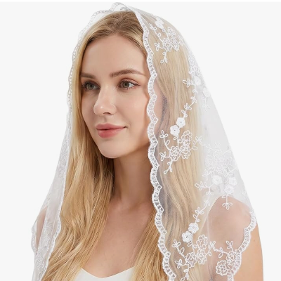 Velo católico triangular blanco velo de encaje para mujer