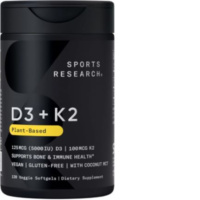 Sports Research Vitamin D3 with K2 Softgels - Plant Based K2 & Vegan D3 5000iu with Coconut MCT Oil - Vegan Certified, Soy & Gluten Free - 120 Count