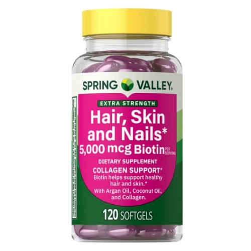 Spring Valley Cápsulas Blandas de Soporte de Colágeno para Cabello, Piel y Uñas de Fuerza Extra, 5000 Mcg de Biotina, 120 Unidades