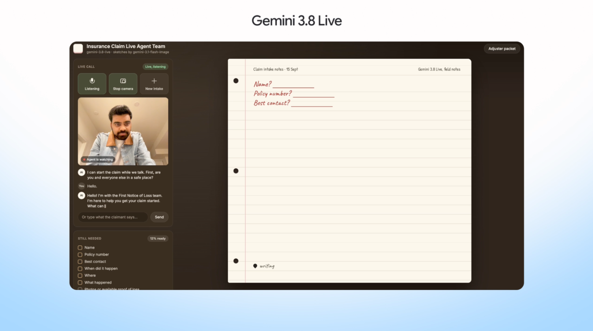 Gemini Live insurance claims demonstration with a camera feed and claim intake notebook