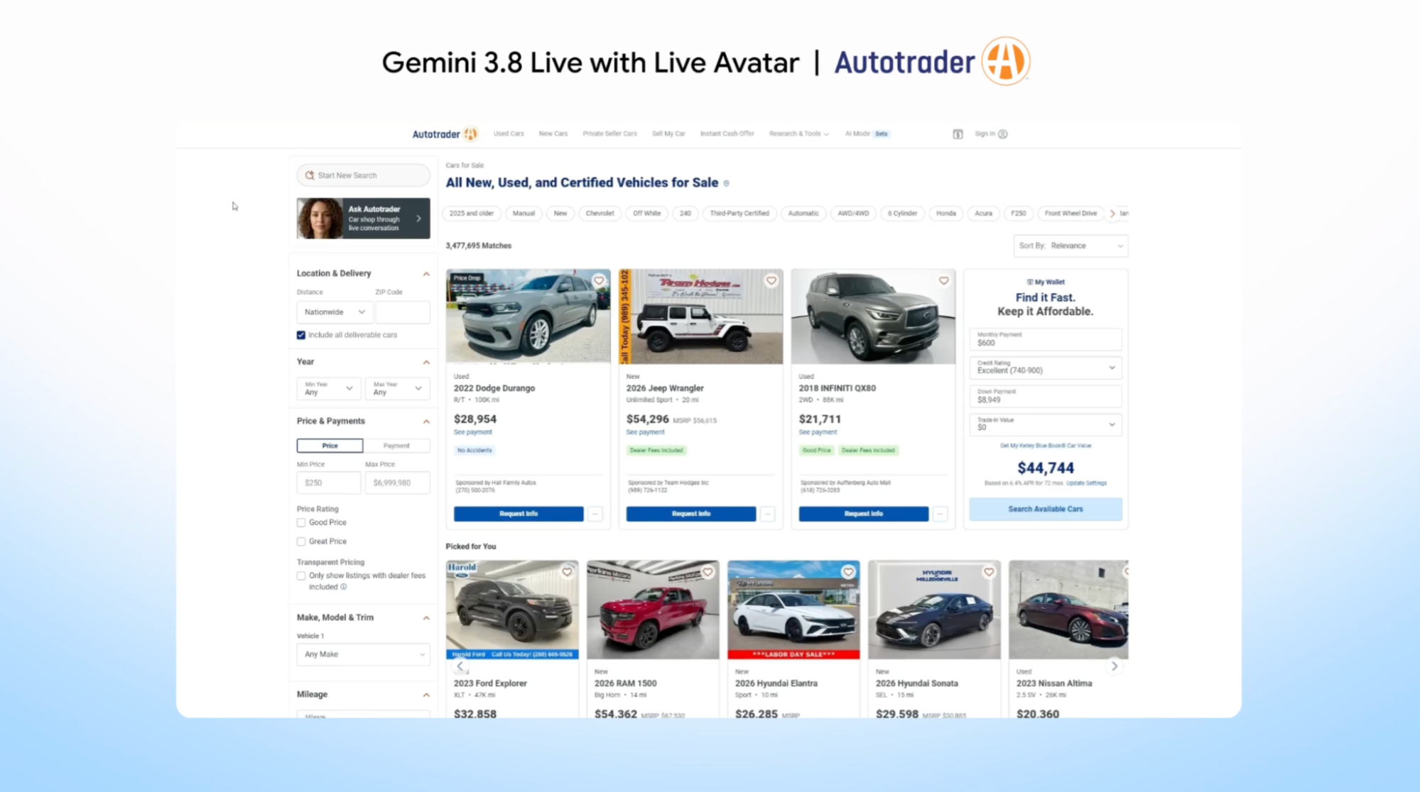 Autotrader vehicle listings with an Ask Autotrader conversational shopping assistant