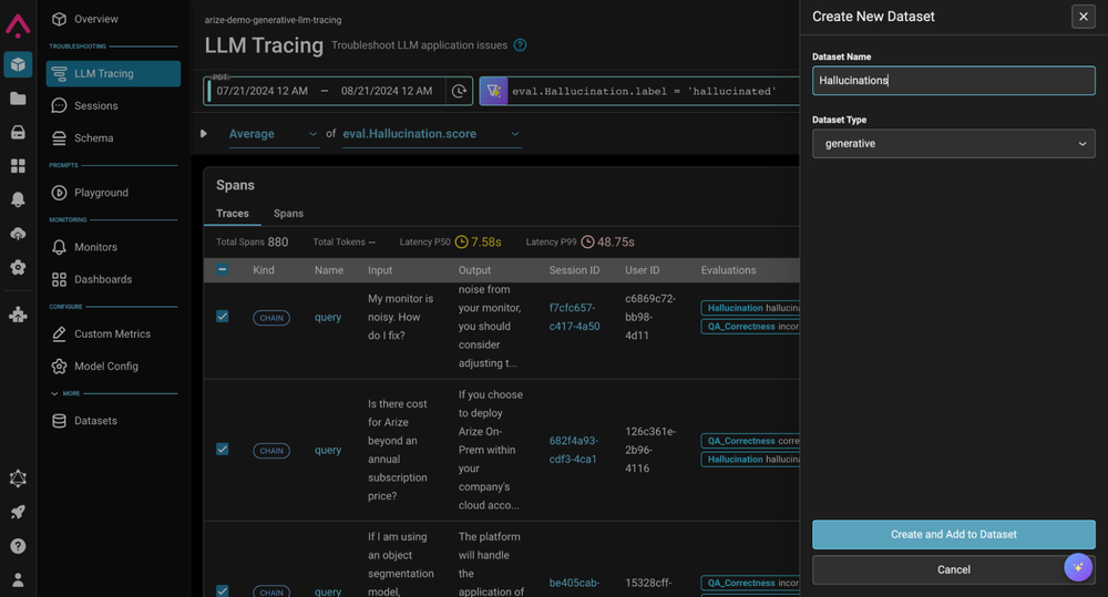 6) Curate dynamic datasets in Arize for experiments and tracking