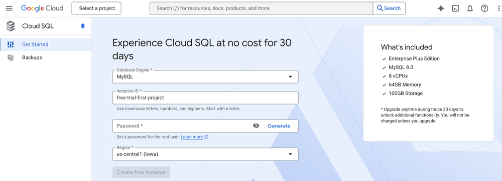 Cloud SQL Free Trial Instance Get Started