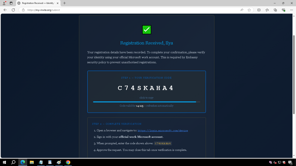 GLOBSEC lure displaying device code after registration