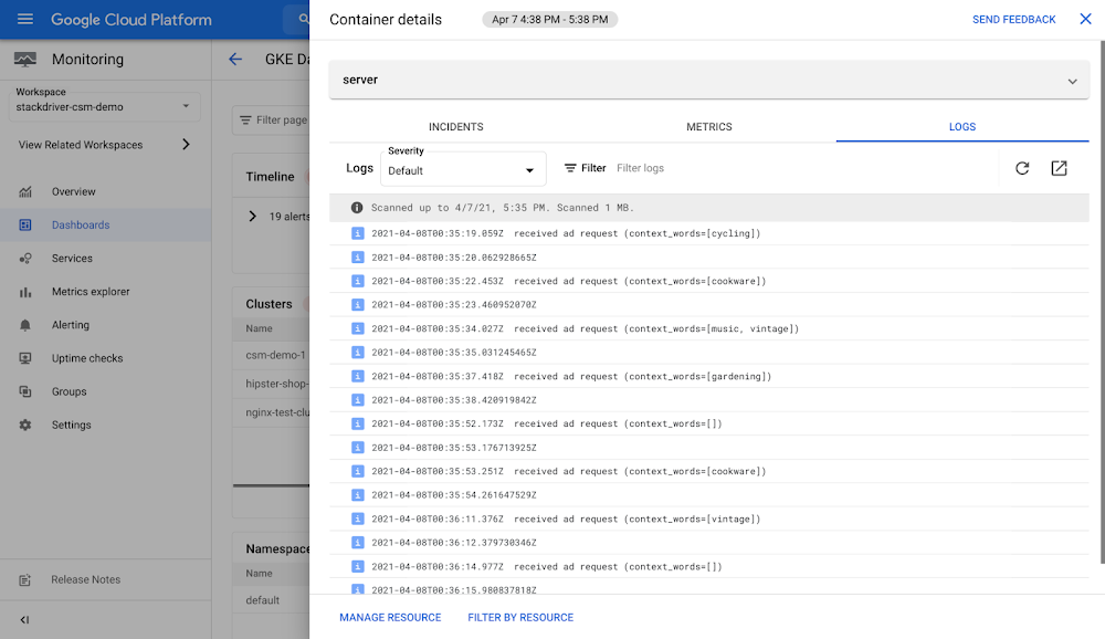 Logs in GKE Dashboard