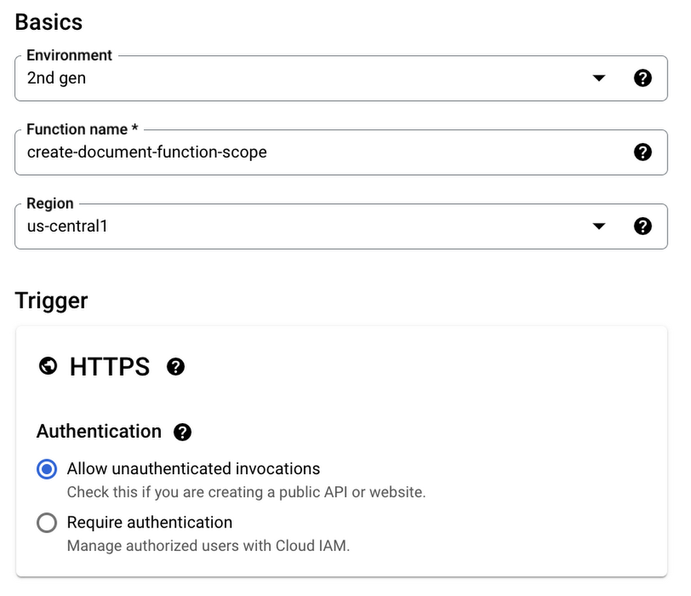 Configuration of cloud function