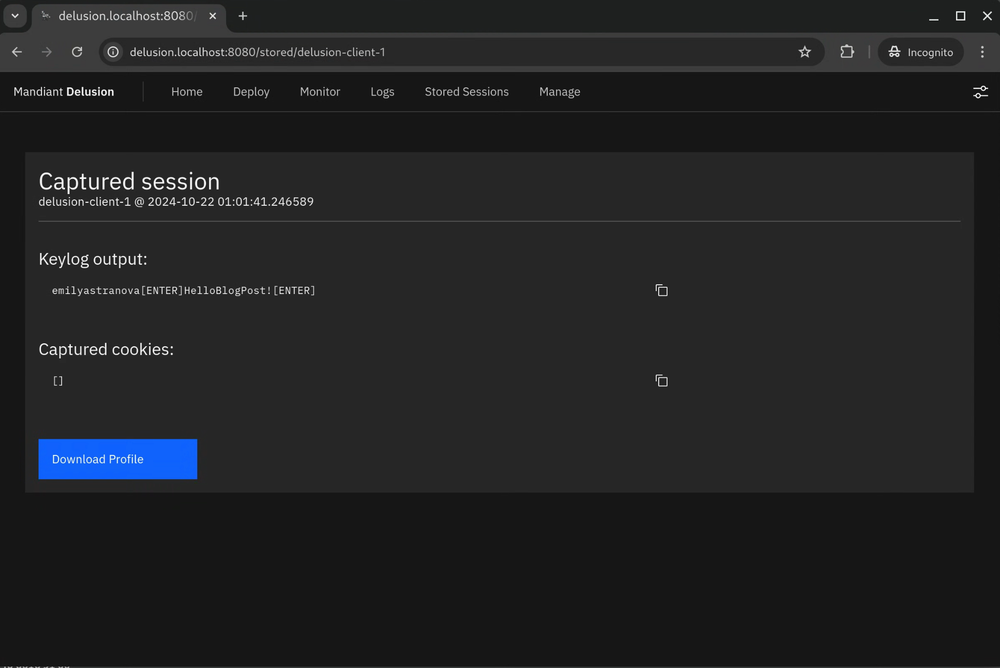 Captured session and keylogger output