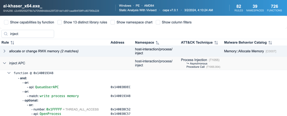 Static analysis results in capa Explorer Web