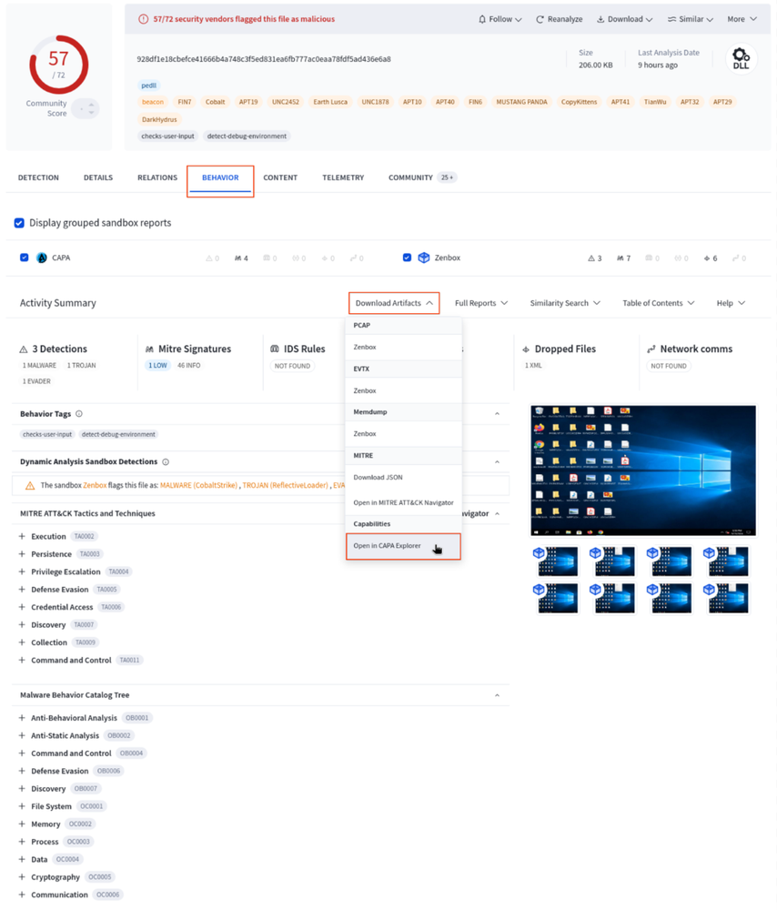 Access capa Explorer Web analysis from VirusTotal