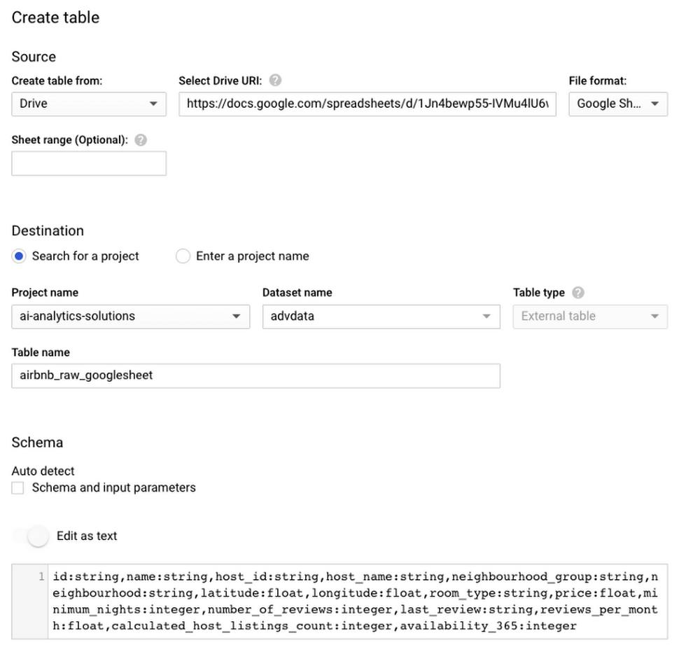 create table