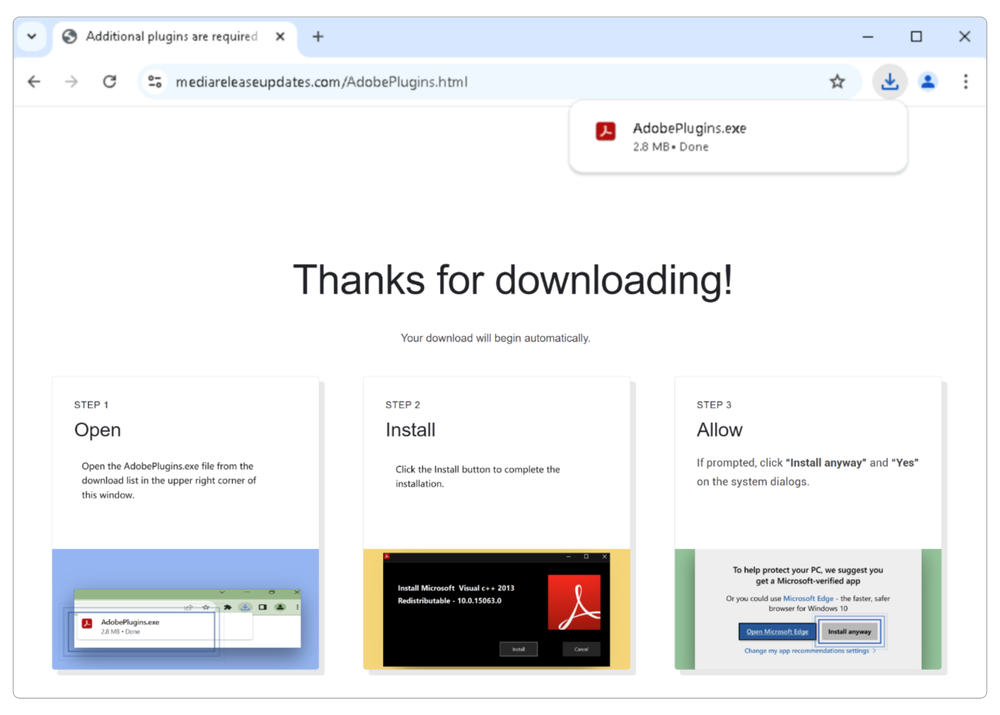 Malware landing page post-download
