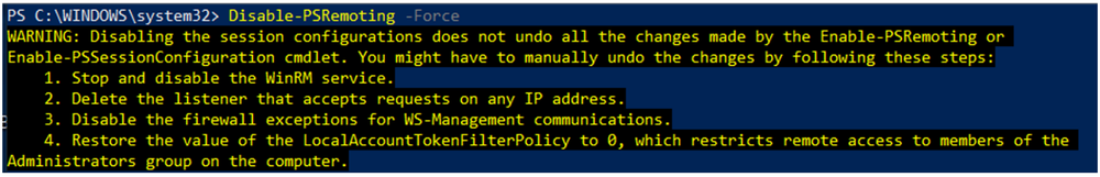 Warning message after disabling PSRemoting