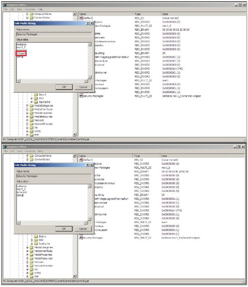 LSA security Package Registry Key Before and After Removal of WDigest Authentication from Listing of Providers
