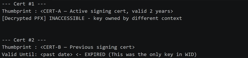 ADFS certificate enumeration output showing configuration drift between the WID database and the active host certificate